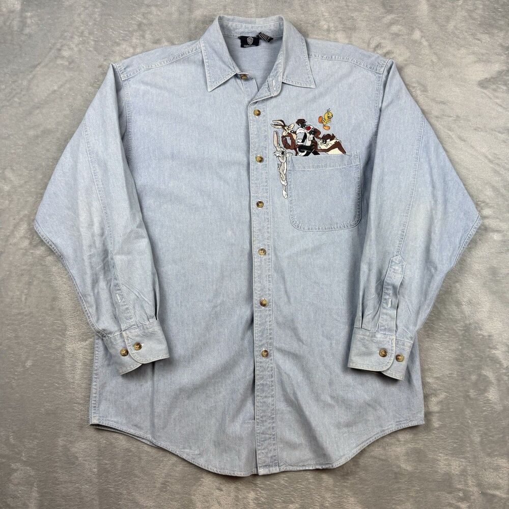Vintage 1996 Warner Bros Studio Store Looney Tunes Denim Button Up Shirt S